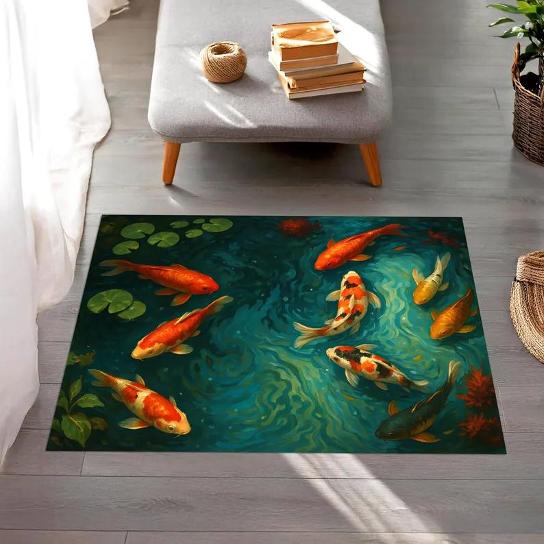 Bathroom Doormat 2D Washable Non-Slip Area Rug Mosaic Koi Fish Lotus Carpet Dark Living Room Floor Mat for Entryway Boho Retro