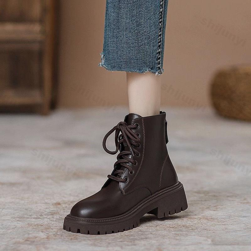 Damen-Ankle Boots 2026 Herbst Winter Mode Runde Spitze Damen Kurzstiefel Niedriger Absatz Plateau Lässig Herbst Damen Stiefel