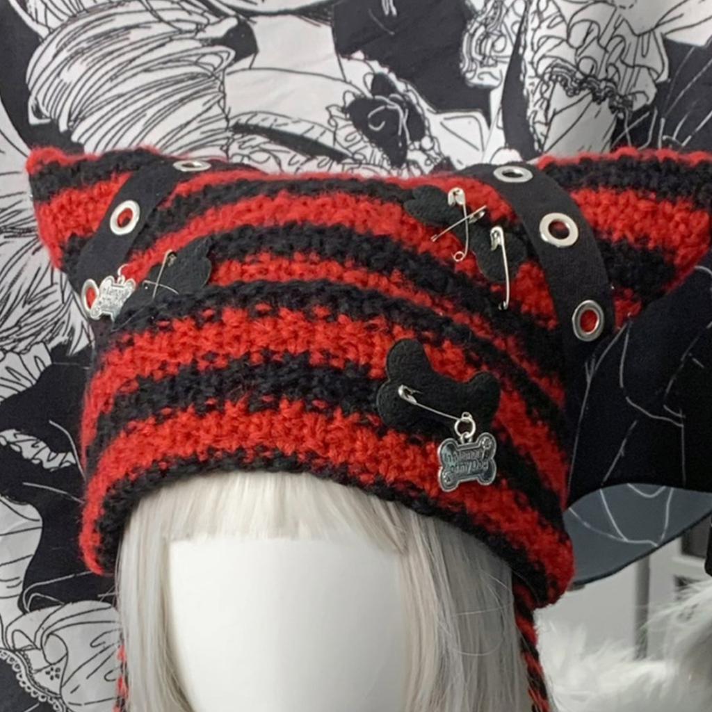 Striped Beanie Girl Y2K Punk Bone Party Hat Knitted Hat Streetwear Thicken Beanie Cat Ear Hat Harajuku Photo Props