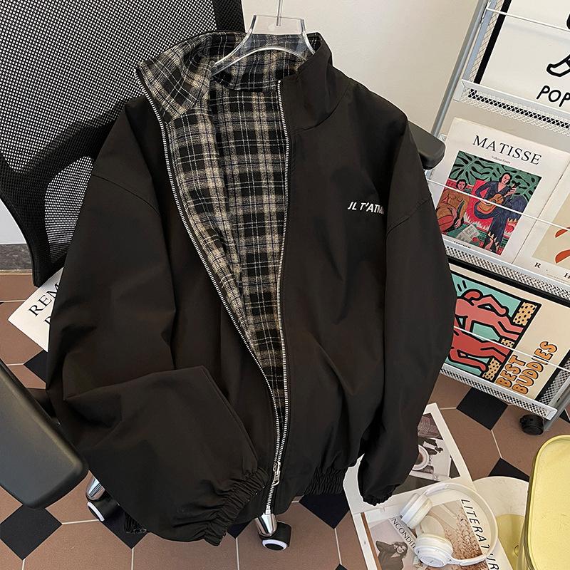 Spring and Autumn double-sided plaid jacket men's stand-up collar casual trendy brand ruffian handsome American front and back two wear retro loose 