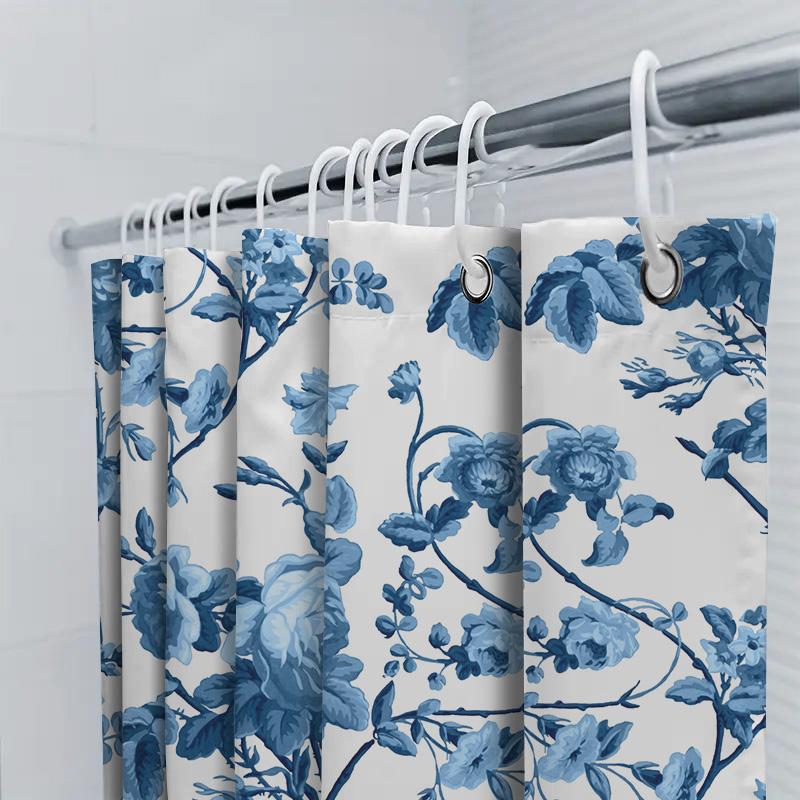 Blue Floral Shower Curtain Waterproof Bathroom Decor Large Size Luxury Bath Mat White Tub Liner Printed Modern Flower Design (La