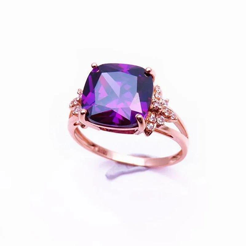 Original Design High Quality Glossy Light Luxury Purple Gems Ring Rose Gold Square Amethyst Rings for Women Wedding Zircon
