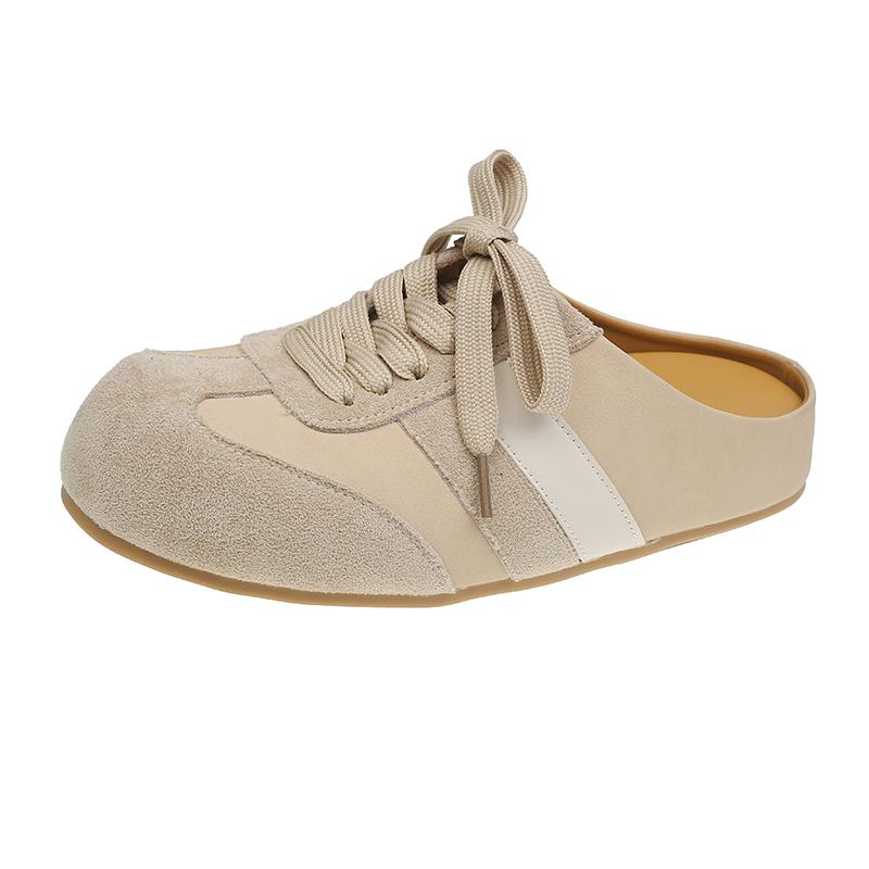 Fashion Spring Baotou Slippers for Women New Style Round Head Deep Mouth Splicing Front Lacing Soft Sole Non-slip Flat Shoes