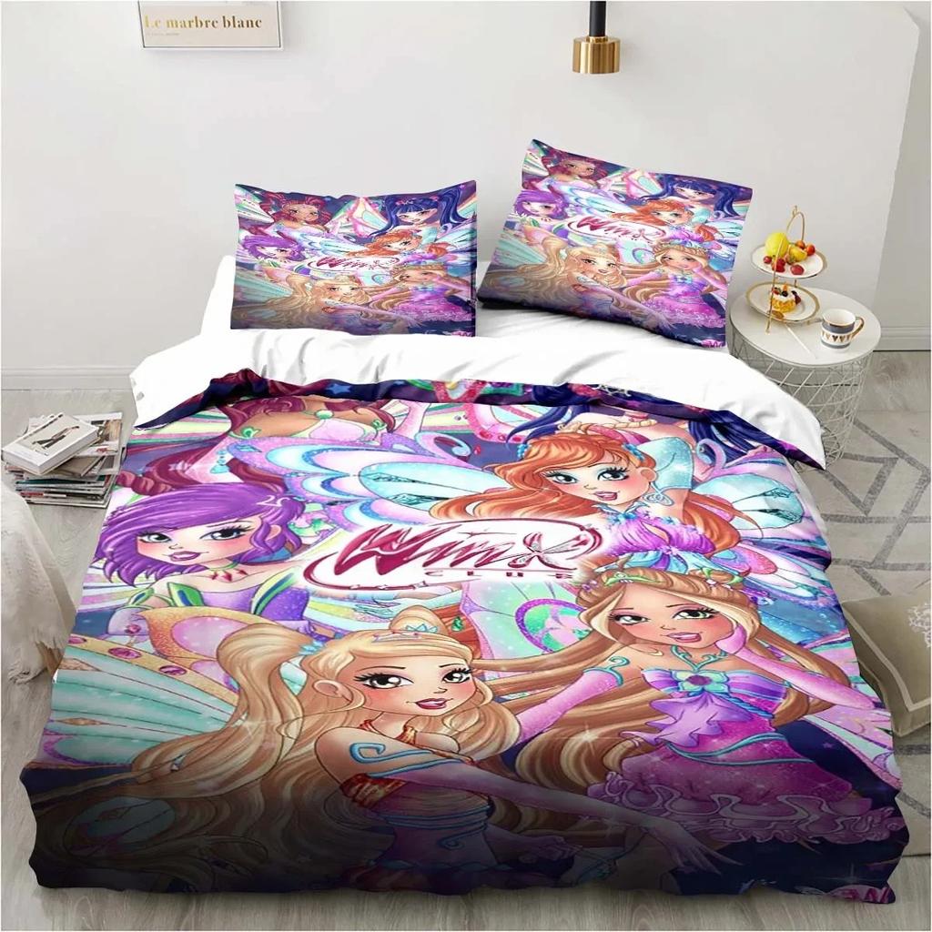 Set di biancheria da letto Kawaii Anime Winx Letto a tre pezzi Singolo Doppio King Size Set di letto per adulti e bambini Set copripiumino per bambini Regalo per bambini