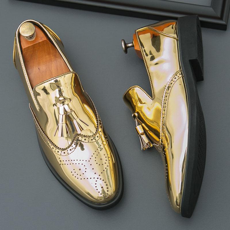 Trend Luxury New Designer Charm Tassels Gold Patent Leather Loafer Shoes For Men Casual Formal Dress Footwear Zapatos Hombre
