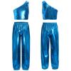 Girls Dance Party Outfit One Shoulder Metallic Cropped Vest Shiny Pants Set for Stage Performances Birthday Events
