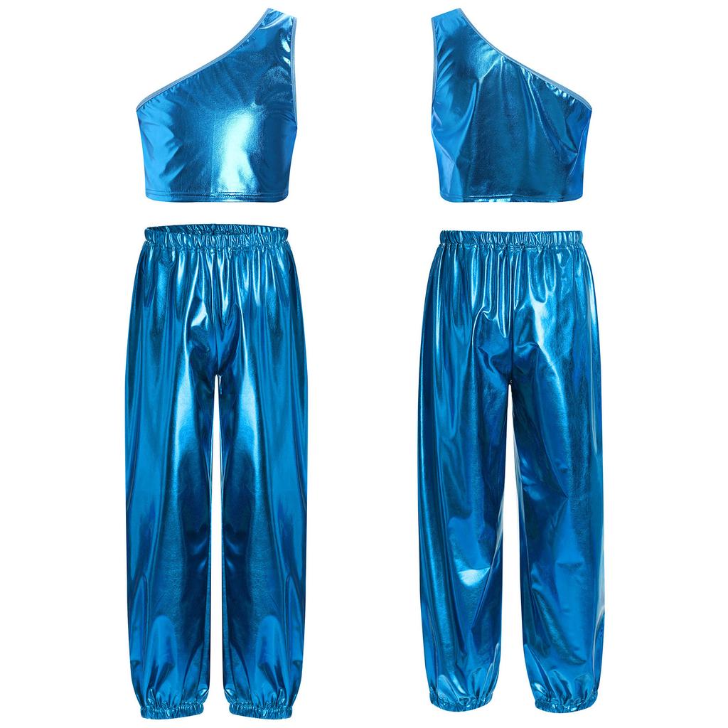 Girls Dance Party Outfit One Shoulder Metallic Cropped Vest Shiny Pants Set for Stage Performances Birthday Events