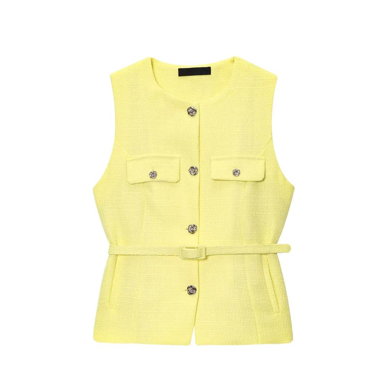Summer New Product Women's Clothes Gold Decorated Row Button Sleeveless Round Neck with Belt Texture Vest Tops 2132091