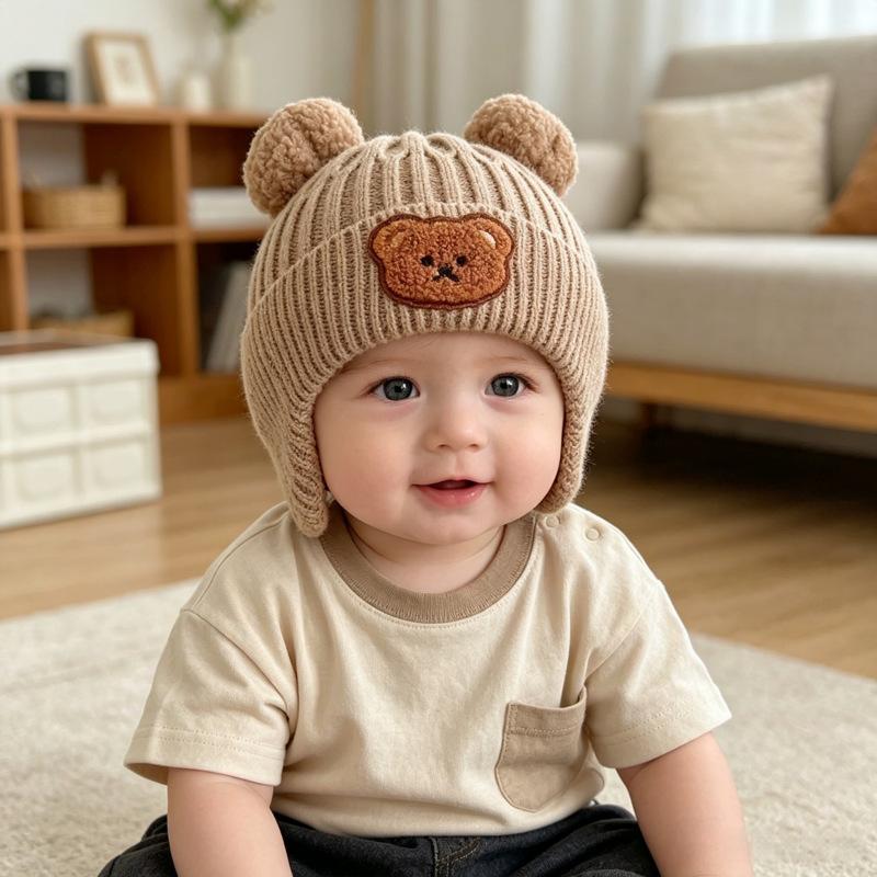 Autumn and Winter Children's Thickened Warm Ear Protectors, Boys and Girls Cartoon Wool Knitted Hats, Cute Bear Integrated Hats