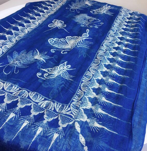 60x185CM Spring And Autumn Thin Retro Blue Tie Dyed Scarf Breathable Peacock And Butterfly Design Thin Linen Scarves For Lady
