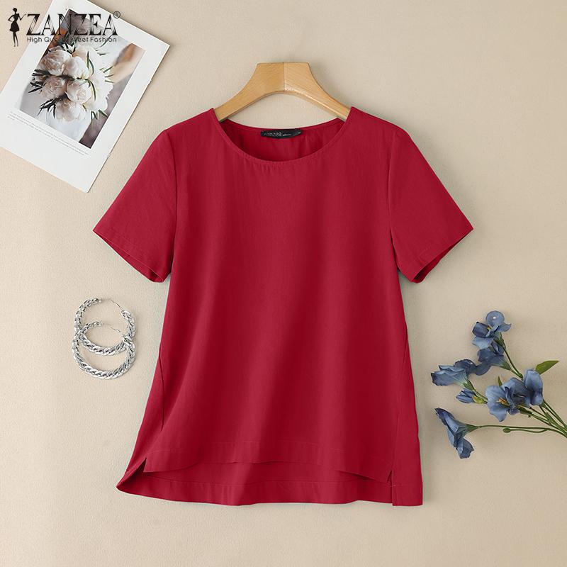 ZANZEA Women Casual Round Neck Summer Short Sleeve Cotton Tops