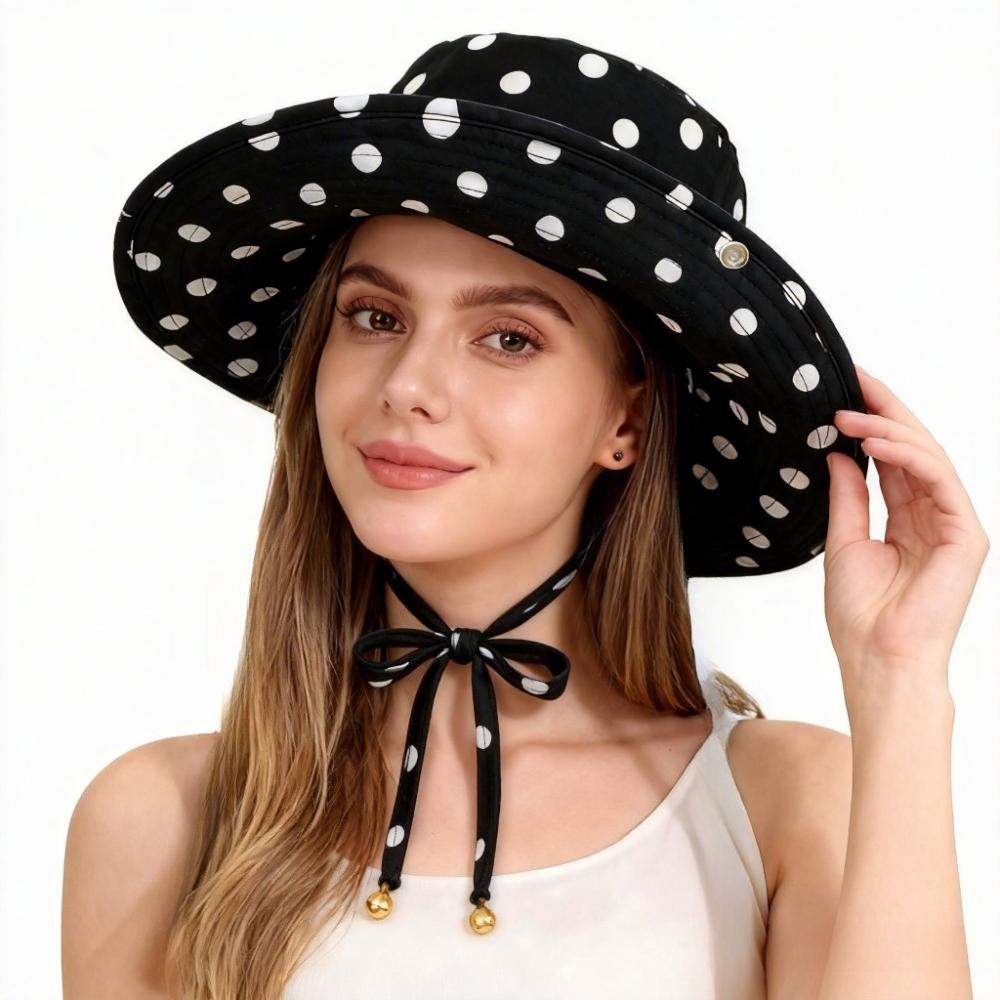 French Sweet Polka Dot Print Fisherman Hat Women's Summer Large Brim Sun Hat UV Protection for Outdoor Travel Sun Hats