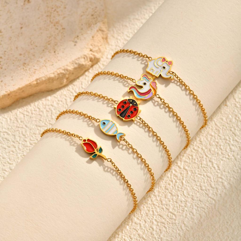 New Fashion Enamel Ladybird Charm Bracelet Women, Stainless Steel Thin Link Handmade Jewelry