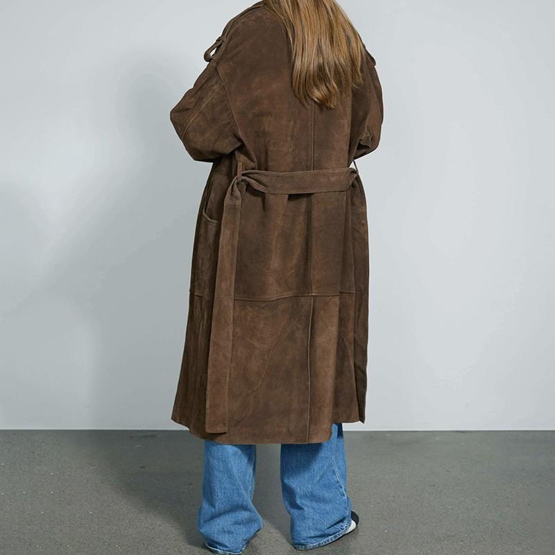 Brauner Wildleder Langmantel Damen Lockerer Schnitt Revers mit Kerbe Business Casual Trenchcoat