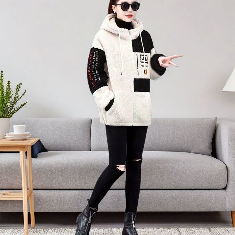 Lamb wool long sweater women's autumn and winter new large size loose and thin integrated fleece thickened zipper jacket