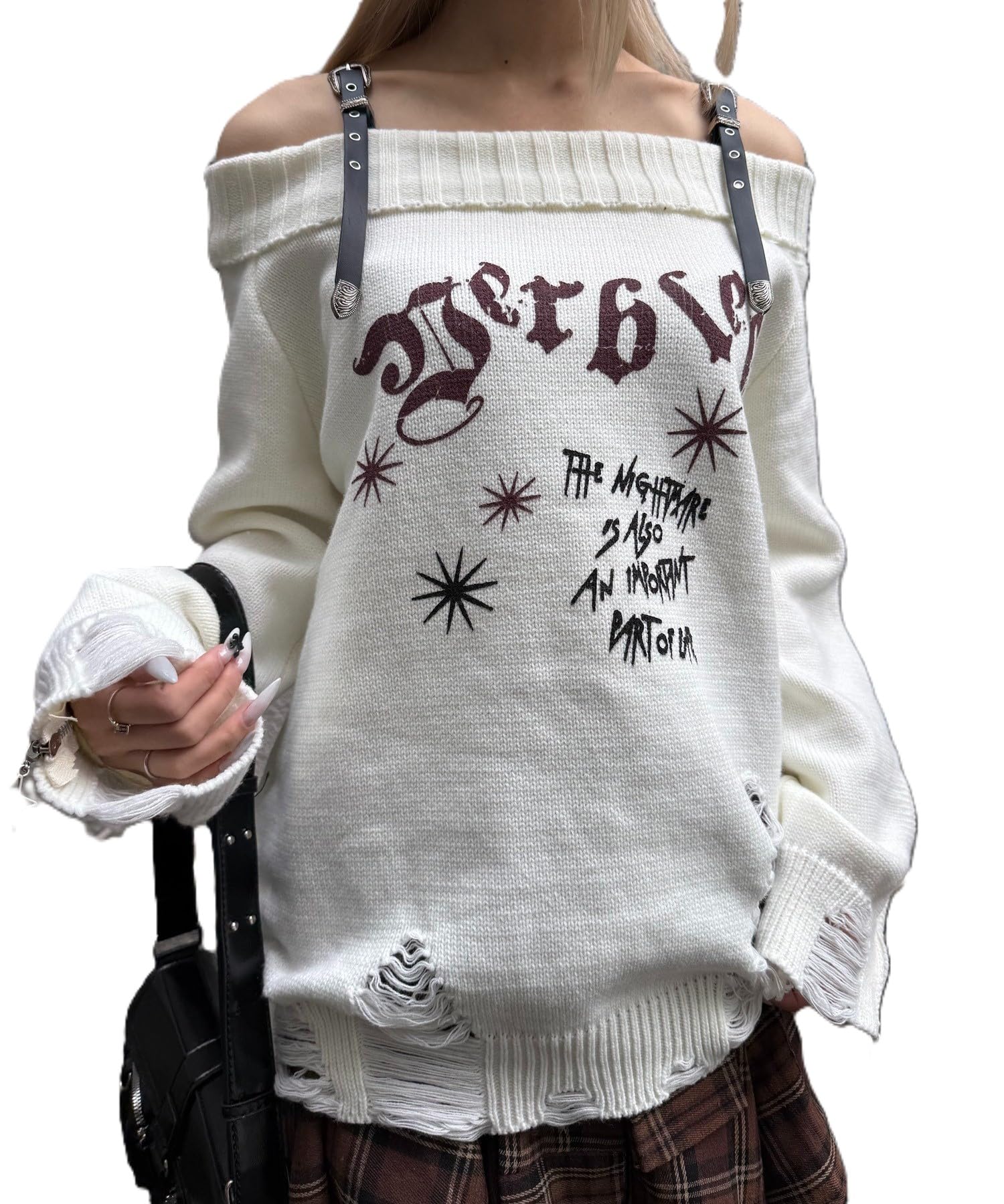 

WEGO Figments Belted Knit with Gothic White Off-the-Shoulder Logo, Women s, білий