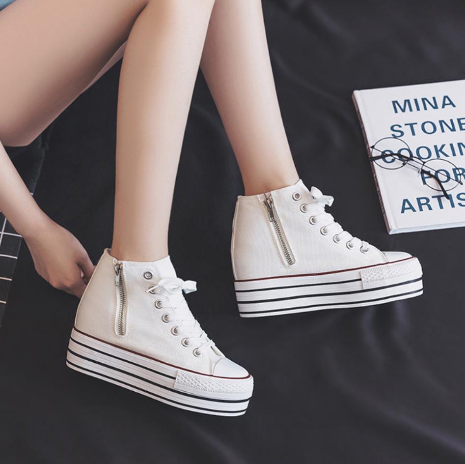 

Internal Increase 10CM Canvas Shoes For Women Autumn New Zipper Casual Skateboard Shoes Korean All-match Platform Sneaker 39 білий