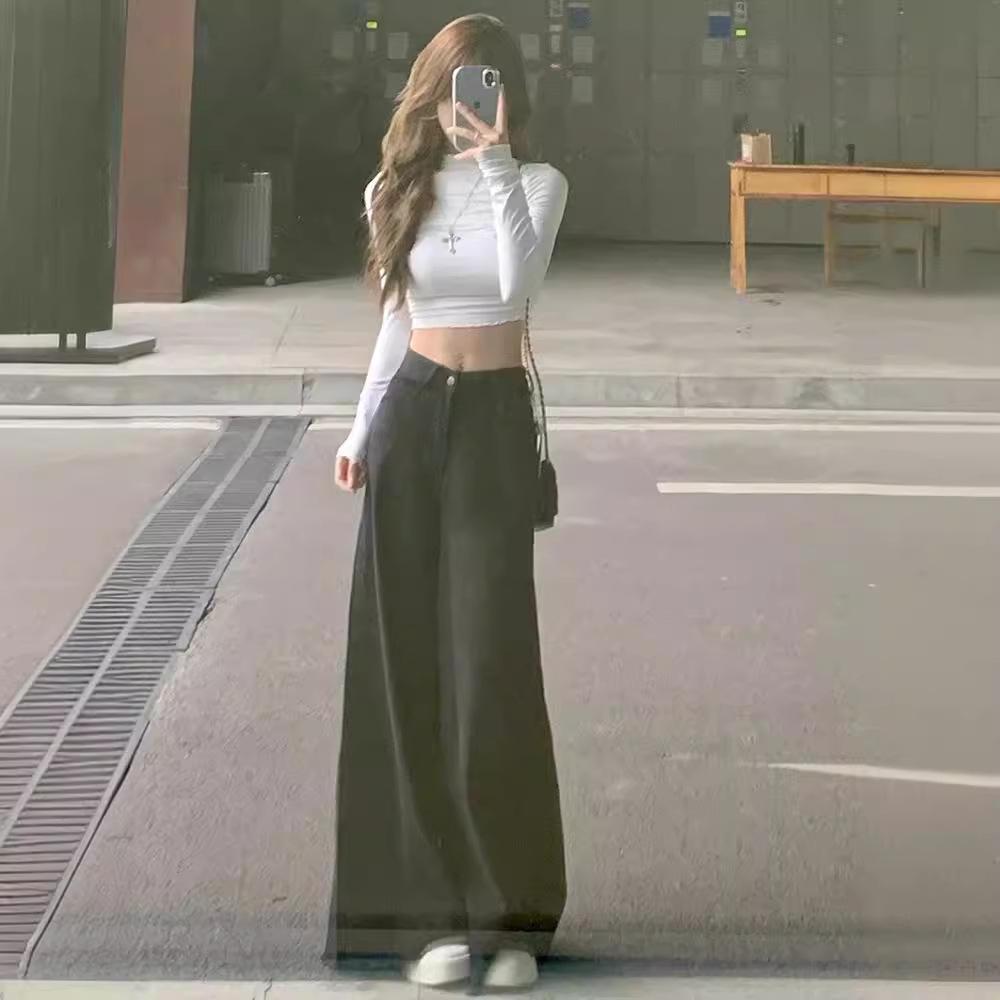 Women's Retro High Waist Wide Leg Black Jeans - Summer Loose, Slimming, Drapey, Frayed Hem, Floor Length.