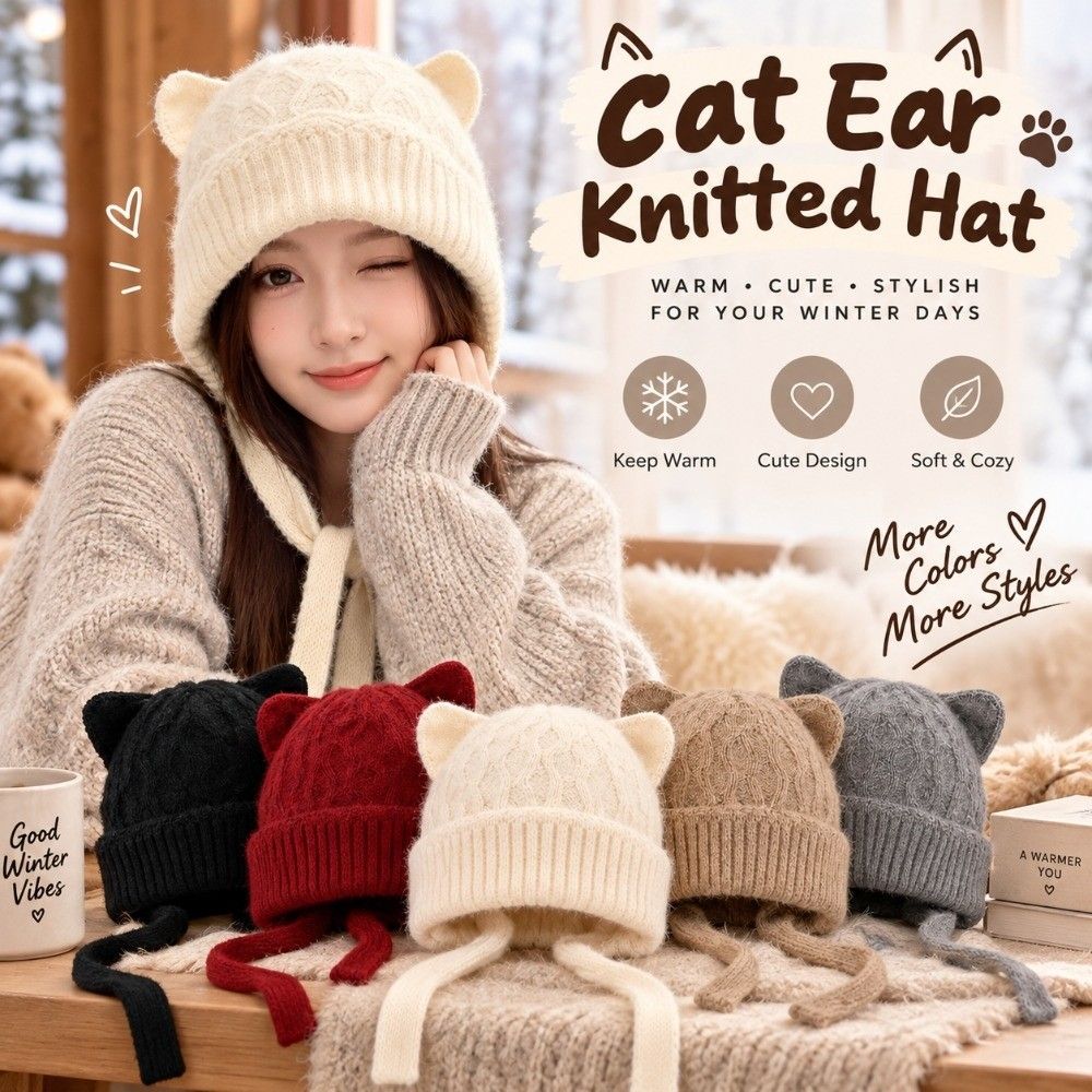 3D Cat Ear Cat Ear Knit Hat Warm Knitted Head Cover Durable Soft Beanie Winter Commuting