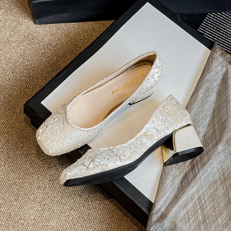 

Plus Size35-43 Fashion Round Toe Dress Shoes Pearls Bow-knot Design Women High Heel Pumps Chunky High Heels Wedding Party Shoes 43