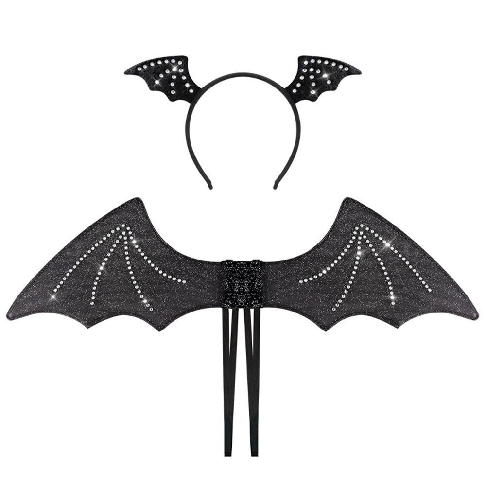 Halloween Bat Wings Headband Set Halloween Cosplay Costume Accessories Party Props Glitter Gauze Bat Wings Black