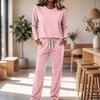 Women's Round Neck Long Sleeve Pajama Set with Drawstring Wide Leg Pants for Sleepwear Loungewear