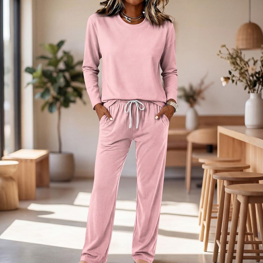 Women's Round Neck Long Sleeve Pajama Set with Drawstring Wide Leg Pants for Sleepwear Loungewear