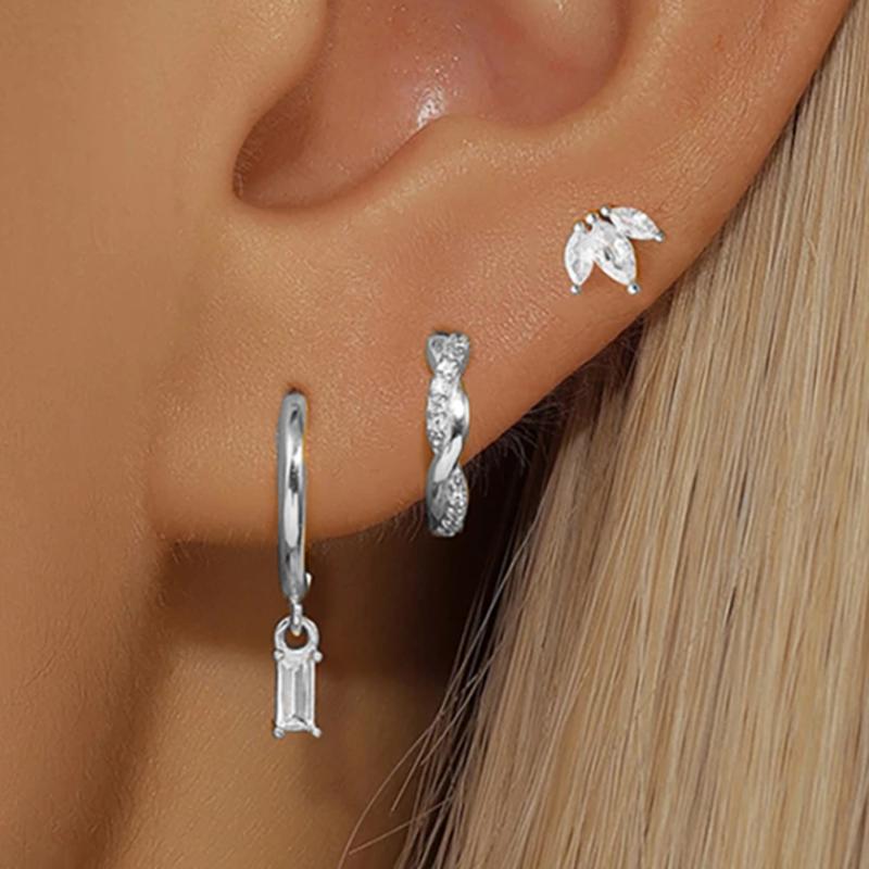 3PCS Crystal Flower Tragus Stud Earring Set Women Fashion Square Huggie Hoop Earring Bulk Cartilage Helix Jeweley Lobe Piercing