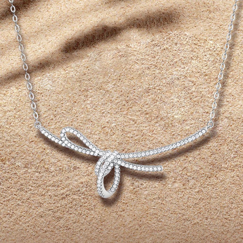 Luxury Micro Inlaid Diamond Ribbon Bow Pendant Necklace Delicate Collarbone Chain Women
