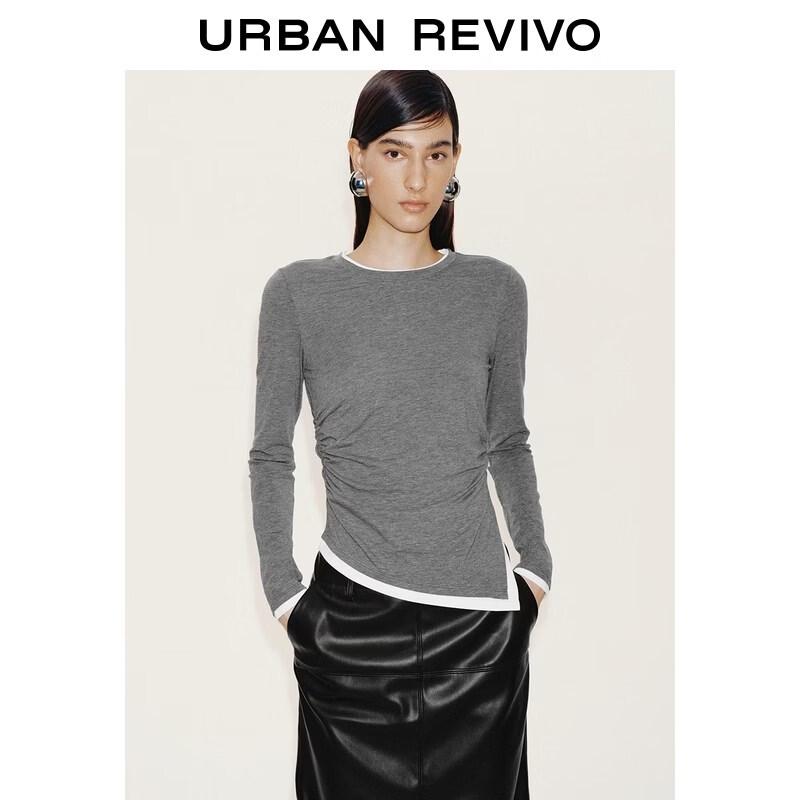 UR2026 Women's Color Block Faux Two-Piece Pleated Waist T-shirt