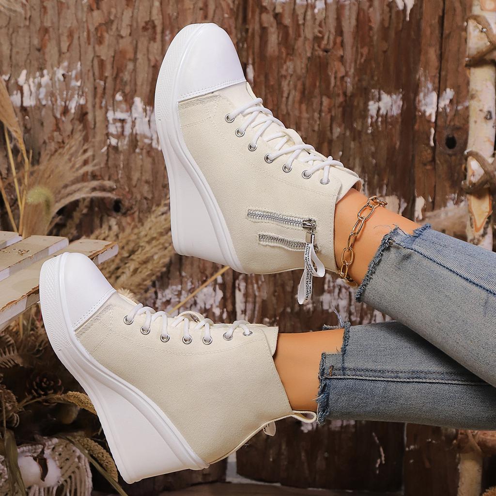 Wedge Side Zipper Increased High Breathable Sneakers 2025 New Women Lace-Up Platform Outdoor Wedge Invisible Heel Canvas Shoes