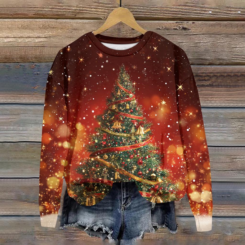 Kadın Yılbaşı Baskılı Uzun Kollu Bisiklet Yaka Kapüşonlu Bol Üst