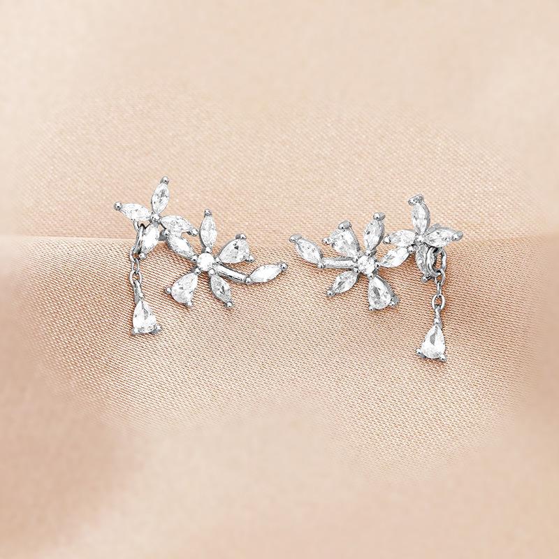 Banyan Tree S925 Silver Tassel Earrings - Elegant Diamond Flower Design for Women