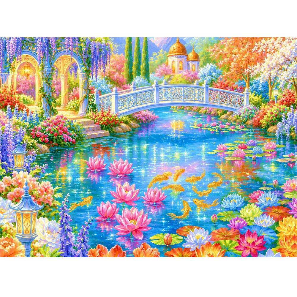 Beautiful Pond Lotus Flowers and Pavilion DIY Diamond Painting Kits New 2026 Full Square Round Diamond Mosaic Embroidery Cross Stitch Kits