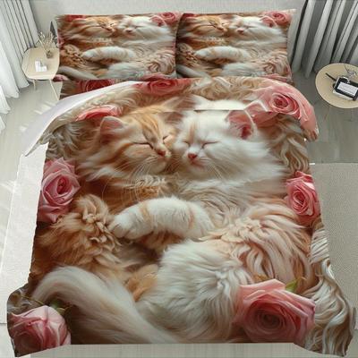 Lifesmells 2/3pcs Kitten and Rose Duvet Cover Set Romantic Cat and Flower Bed Cover Set Cozy and Adorable Bedding Set