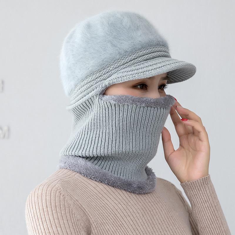 Middle aged mother rabbit fur scarf one-piece hat female winter cycling plush wool old man hat scarf warm