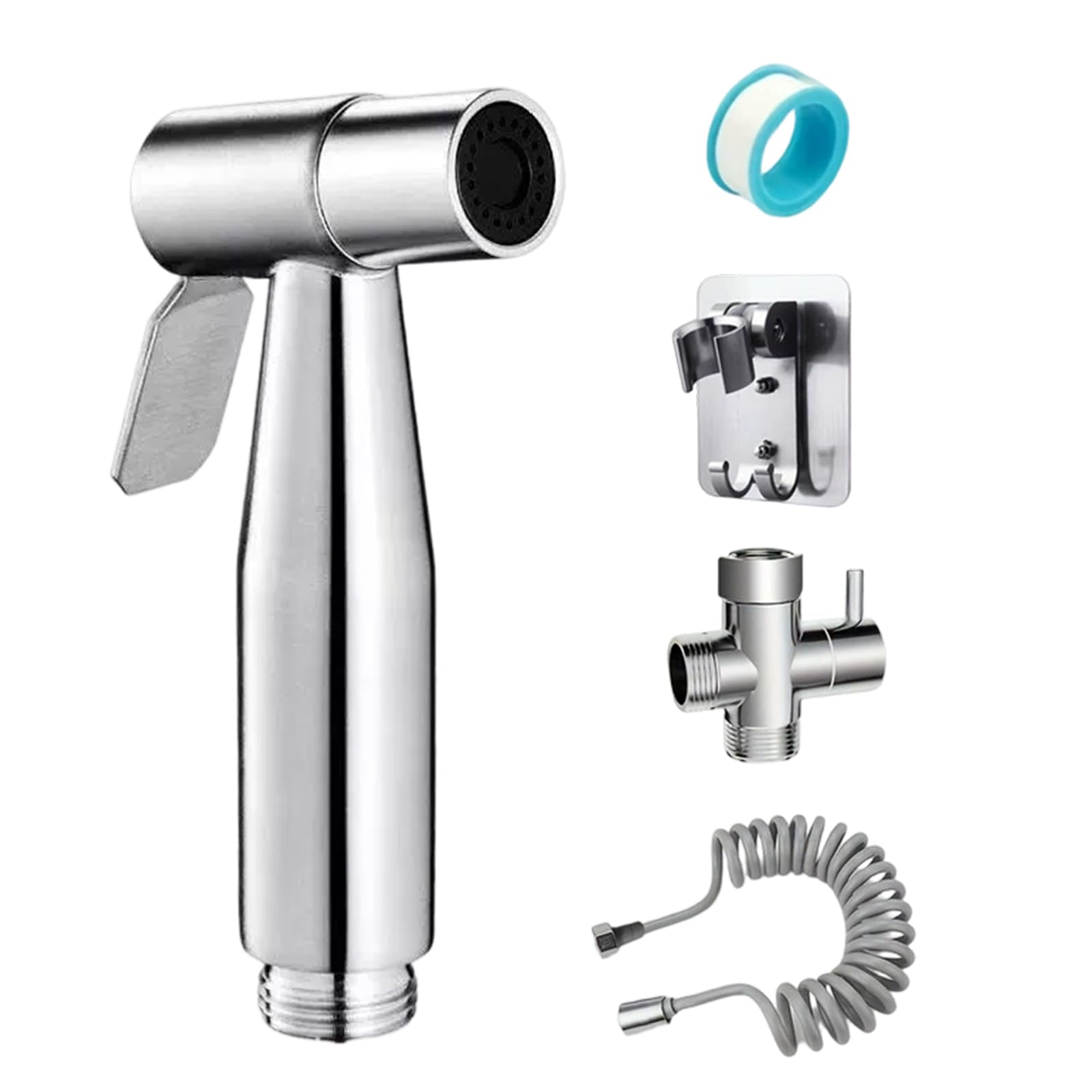 

High-Pressure Handheld Toilet Cleaning Nozzle Set, Stainless Steel, 2m, Spring-Loaded Telescopic Hose, 1/2-inch Water Splitter, Shower/Wash 2-in-1, Wa