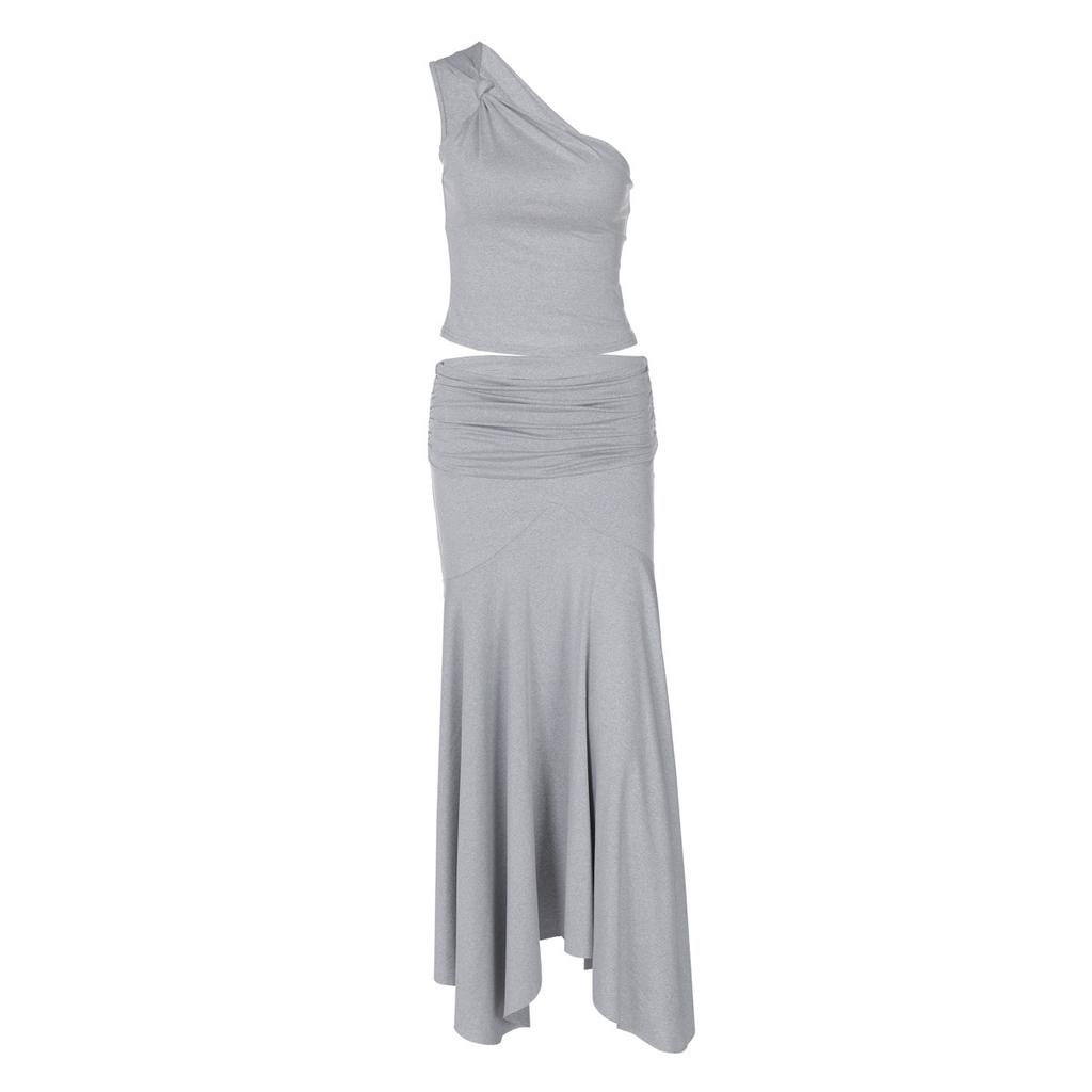 Graues Off-Shoulder-Oberteil und langer Rock Zweiteiler-Set