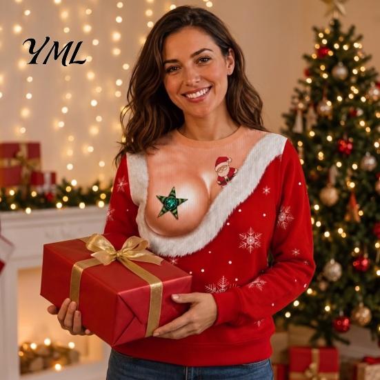 Lightweight Sweatshirt Christmas with Exposed Breast Print, Long Sleeve Crewneck Pullover for Women Shirt Women, Fake Low Cut Boob Pattern Top