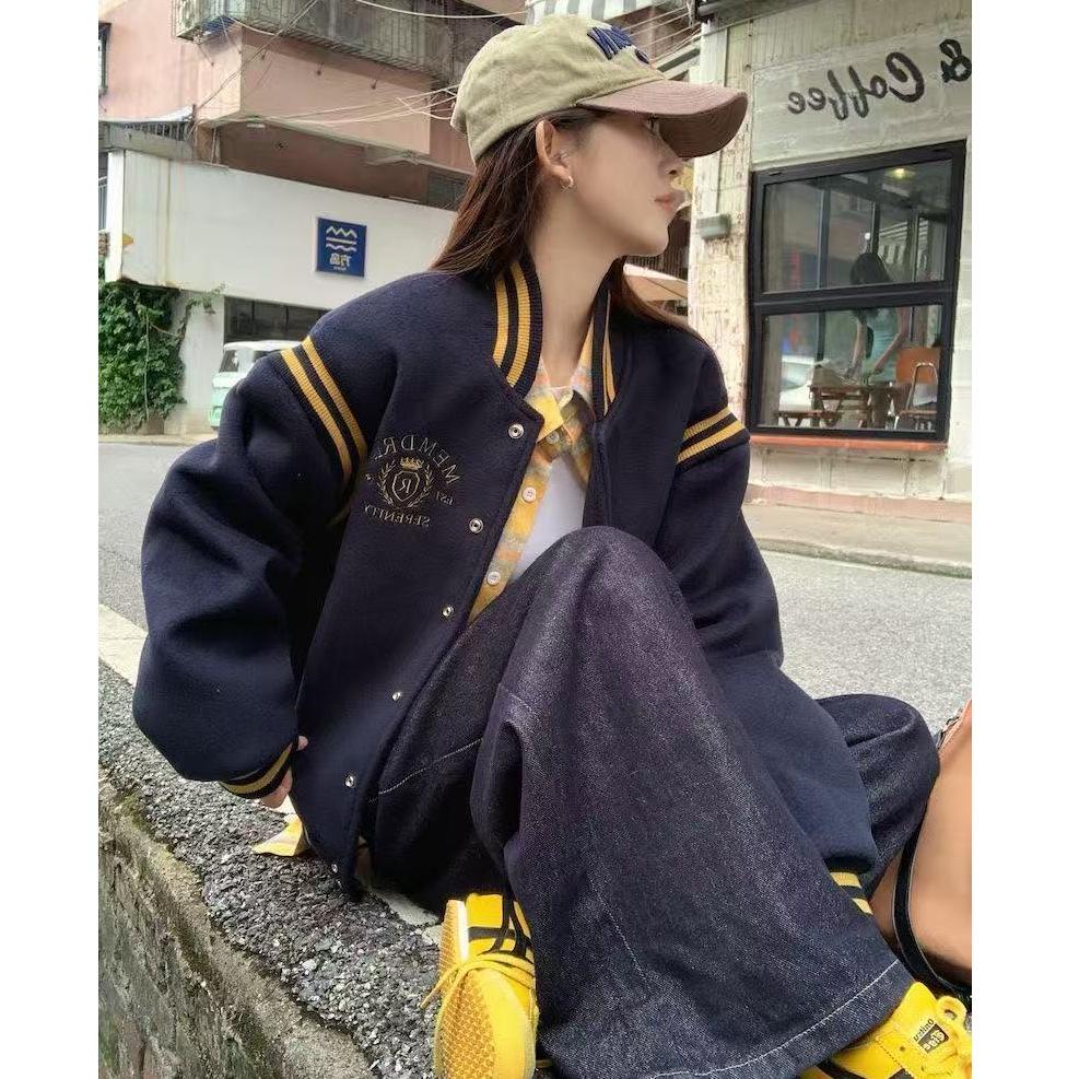 Unisex Retro Embroidered Color Block Baseball Jacket - Slimming & Versatile for Autumn/Winter