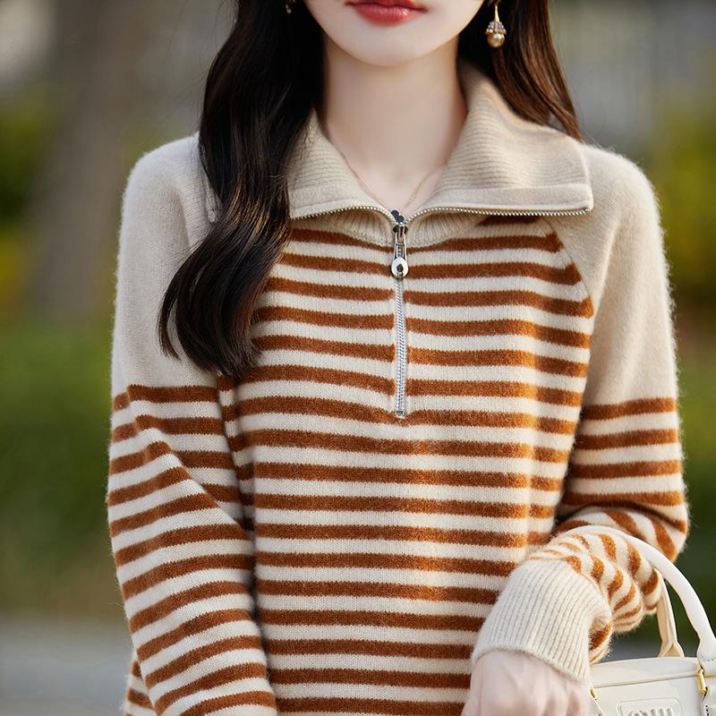 Women's 100% Pure Wool High Neck Half Zip Cashmere Sweater - Loose Knit Pullover