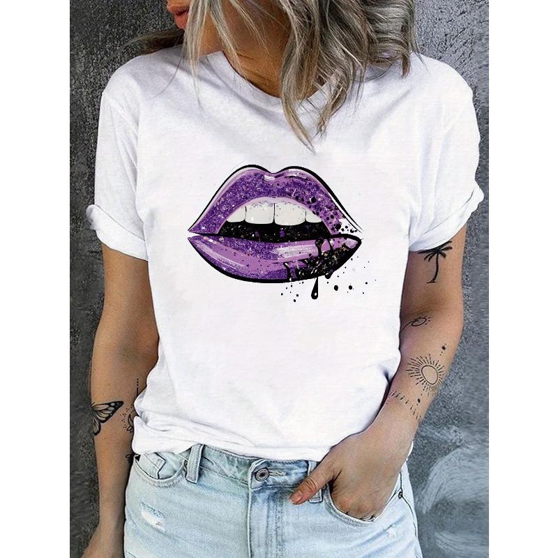 Lip Print Crew Neck T-shirt, Casual Short Sleeve Top For Spring & Summer, Women s Clothing S белый
