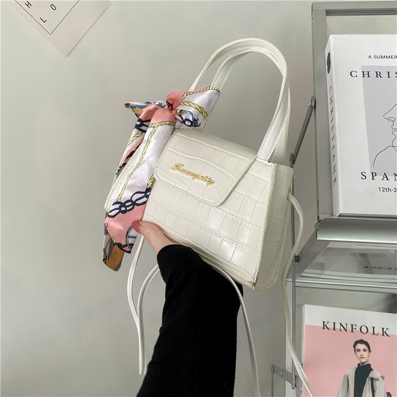 

Стильная и простая сумочка 2025 с каменным узором, на плечо, мессенджер, женская сумка, милый шелковый шарф, с отделением для мобильного телефона белый