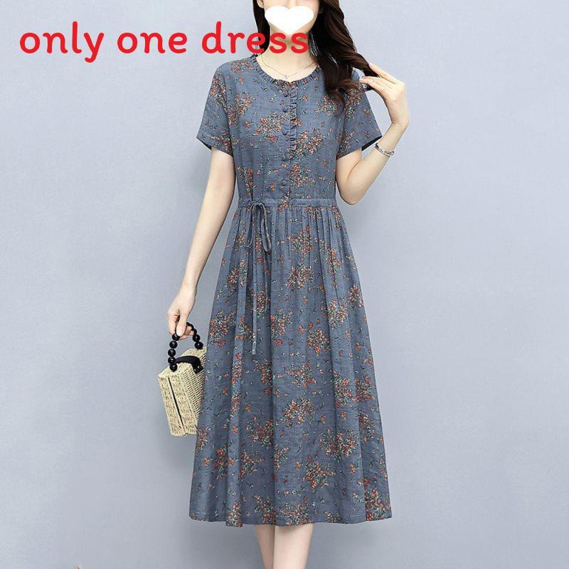 Cotton Linen Floral Midi Dress With Ruffle Details For Summer Streetwear