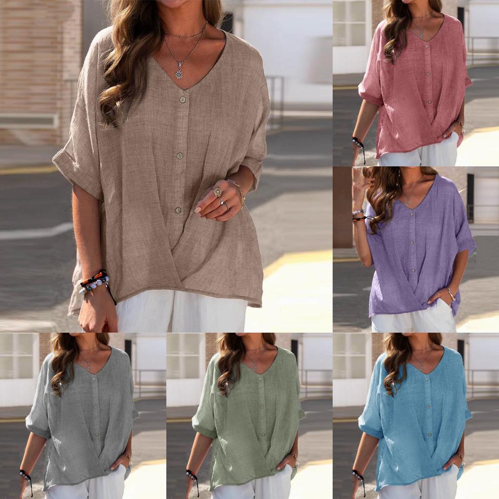 Cotton Linen V Neck Pullover Shirt With Loose Fit For Casual Office Wear