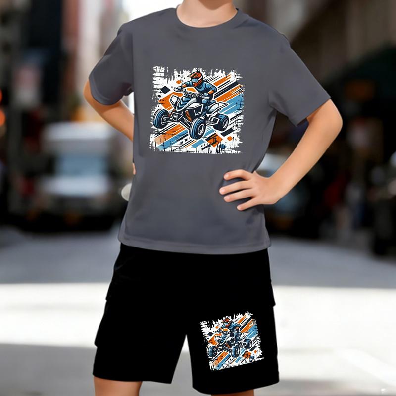 Boys 2 Piece Extreme Sports Themed Printed Outfit, Short Sleeve T-Shirt and Shorts Set for Kids Age 5-14,Black and White Sporty Casual Summer Clothes