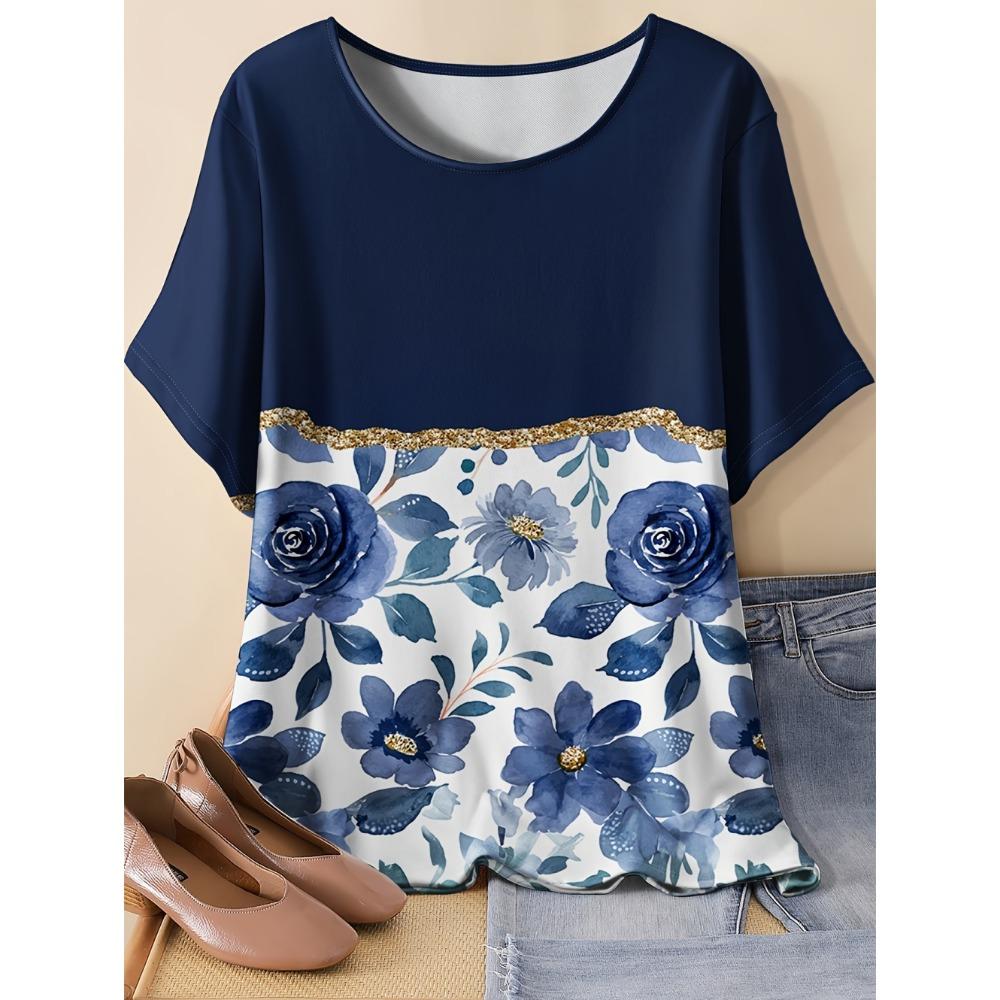 Fashion Floral Print T-Shirt for Women Oversize Short Sleeve Vintage T-Shirt Casual Short Sleeve Tops Clothes Woman Clothing
