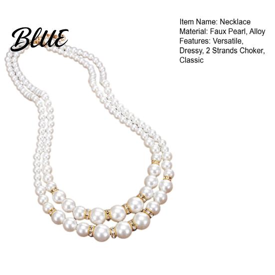 White Pearl Faux Dressy Necklace Ladies 2 Strands Beads Choker