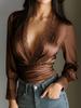European and American Satin Deep V-neck Lace Trim Slim Fit Long Sleeve Pleated Top