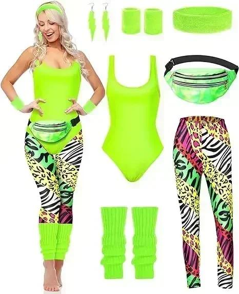 7 Delig 80s Chique Workout Kostuum Accessoires Set 90s Maillot Legging Hoofdband Polsbandjes Beenwarmers Oorbellen Heuptas L&Other groen